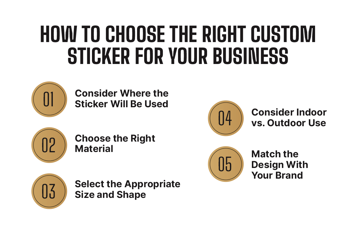 How to choose the right custom sticker for your business: consider where the sticker will be used, choose the right material, select the appropriate size and shape, consider indoor vs. outdoor use, and match the design with your brand