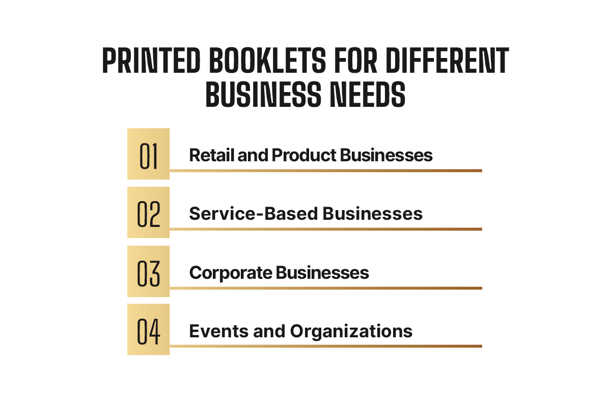 Printed booklets for retail and product businesses, service-based businesses, corporate businesses, and events and organizations