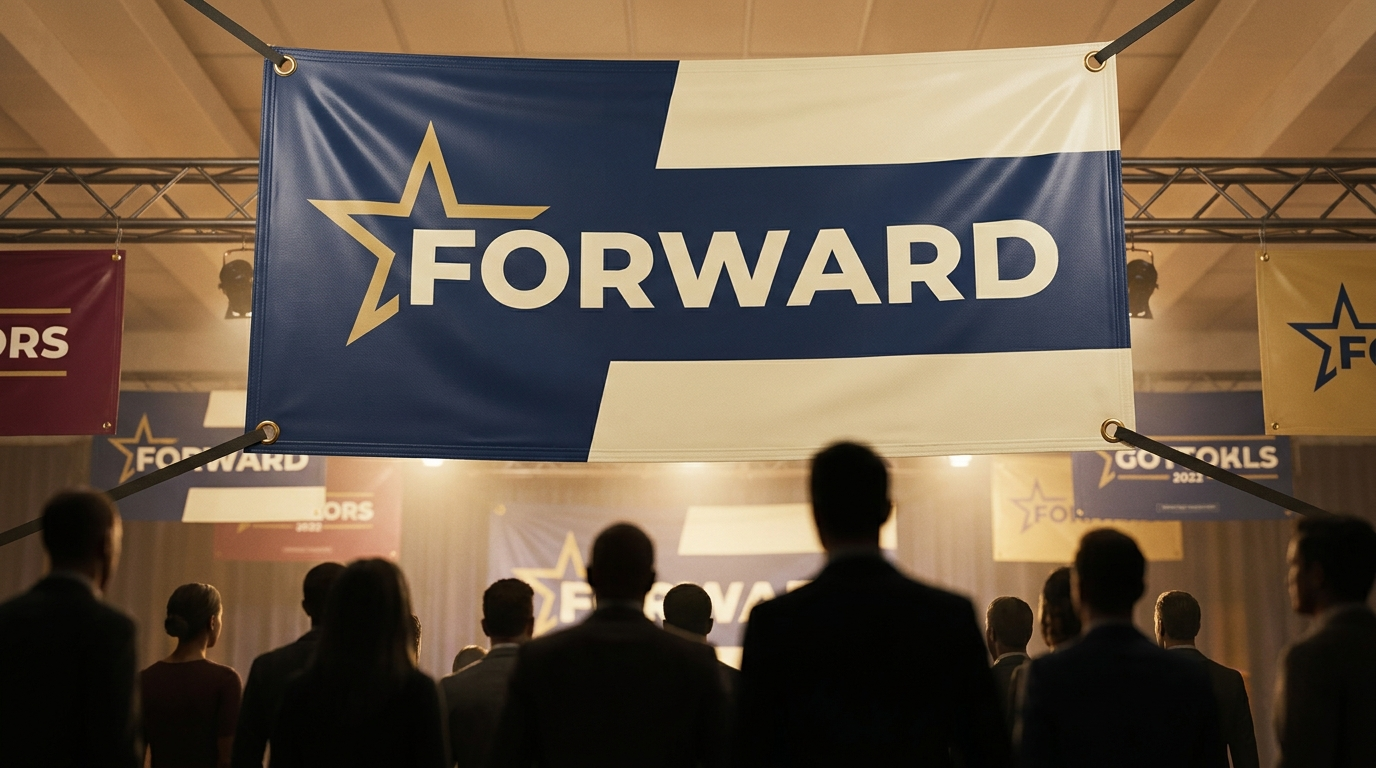 Large-format election banner displayed at a campaign rally