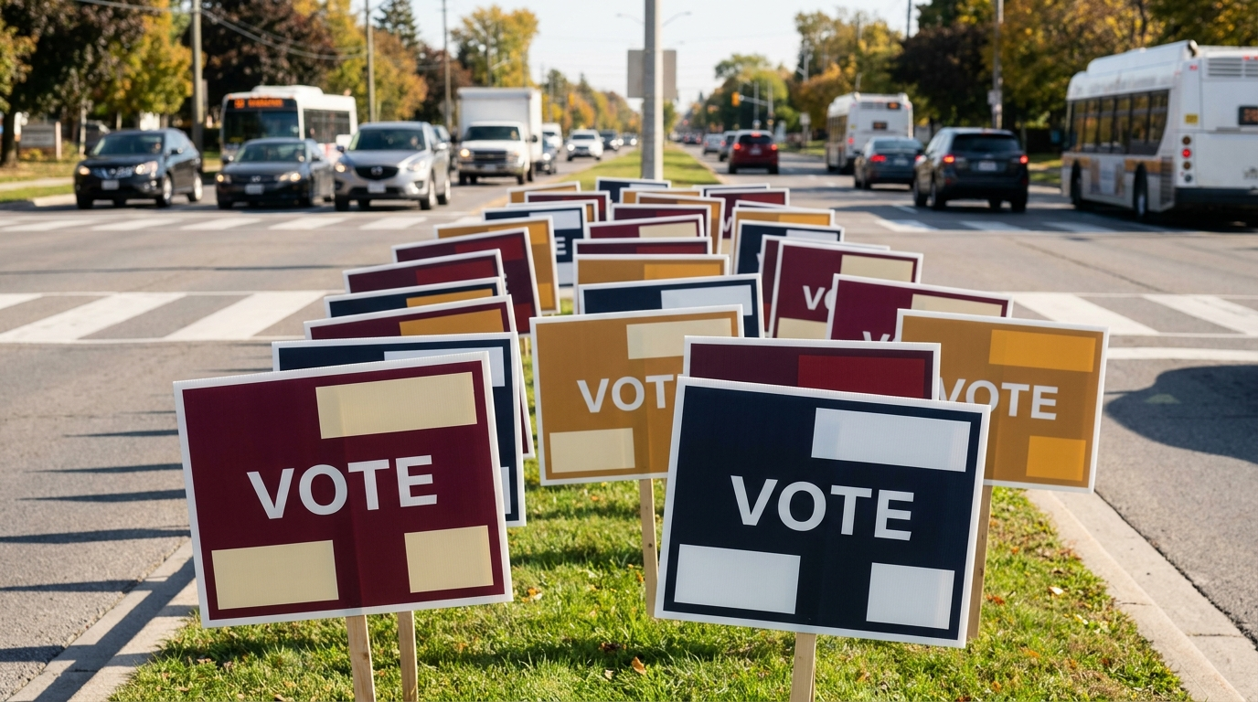 Election signs printed for a political campaign and installed for public visibility